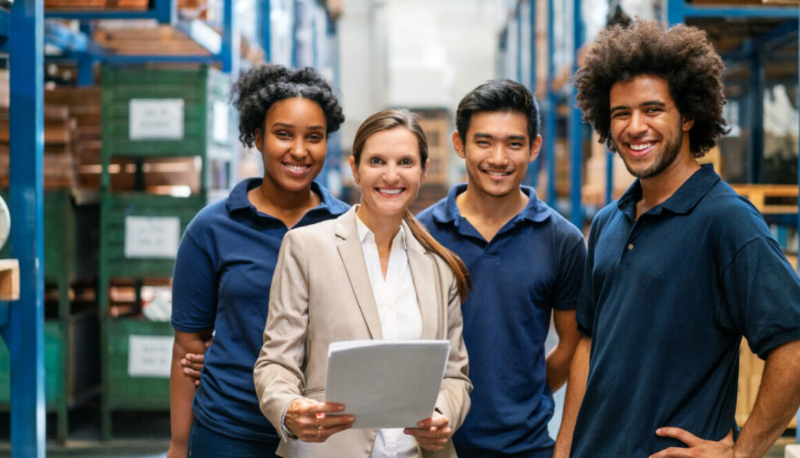 Warehouse manager with workers in factory