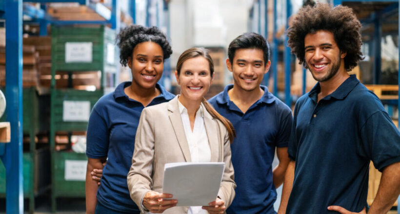 Warehouse manager with workers in factory