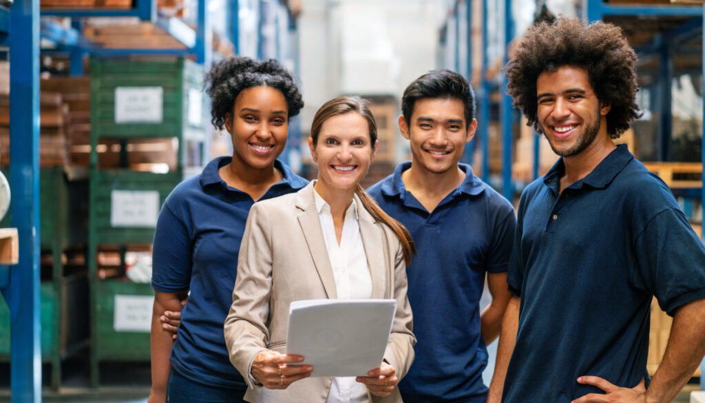 Warehouse manager with workers in factory